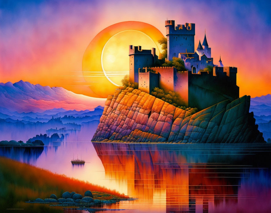 Fantastical castle on cliff with giant sun setting over water