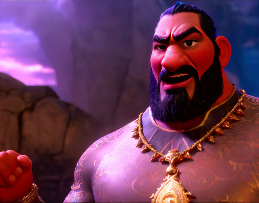 Muscular animated character with thick beard in golden necklace under purple sky