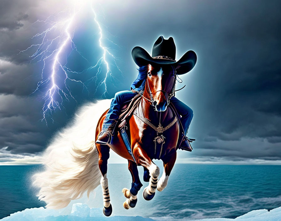 Surreal horse in cowboy hat on ice floe under stormy sky