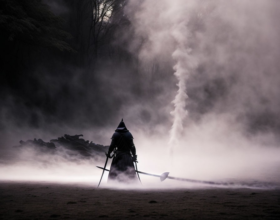 Medieval armor figure with sword and spear in foggy landscape