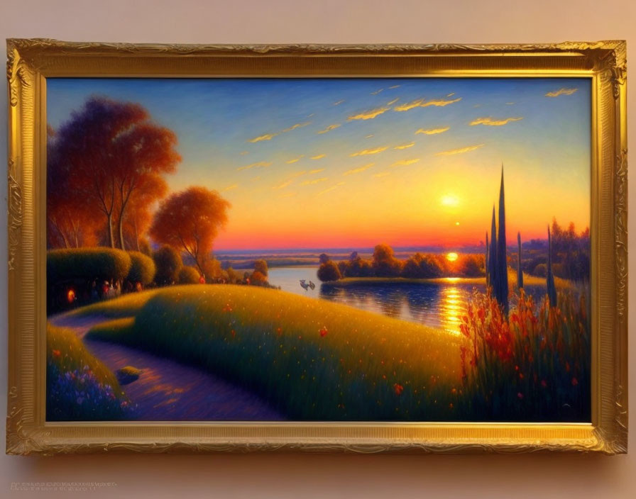 Scenic sunset painting in golden frame with river, trees, path, and flowers