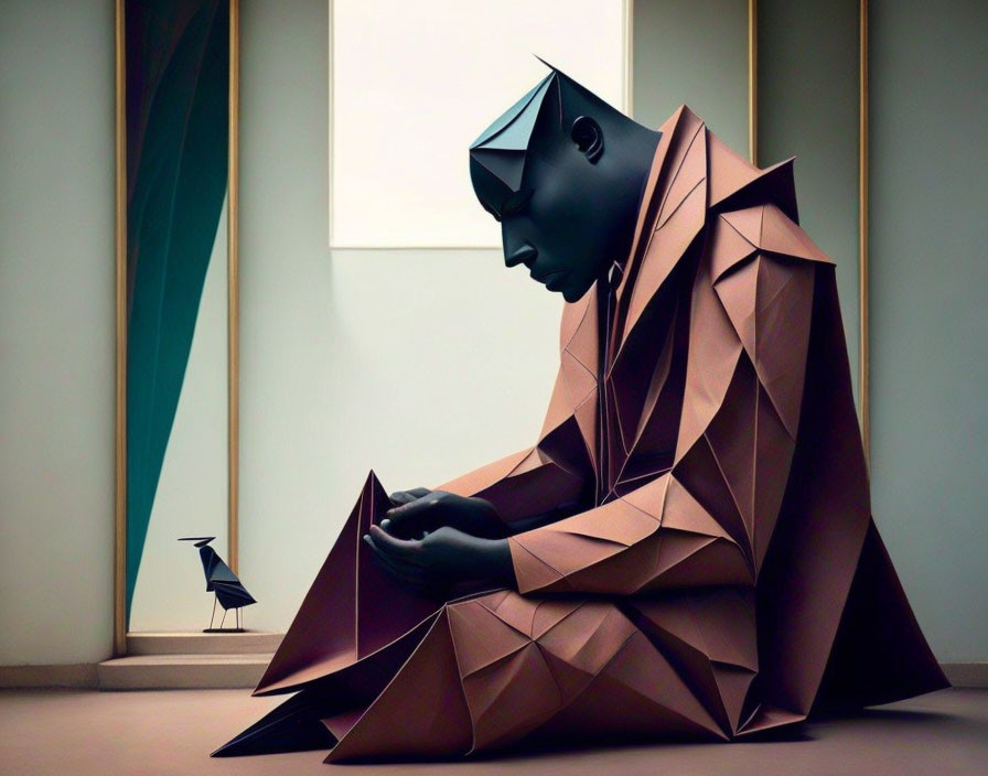 Contemplative figure with bird in low-poly art style