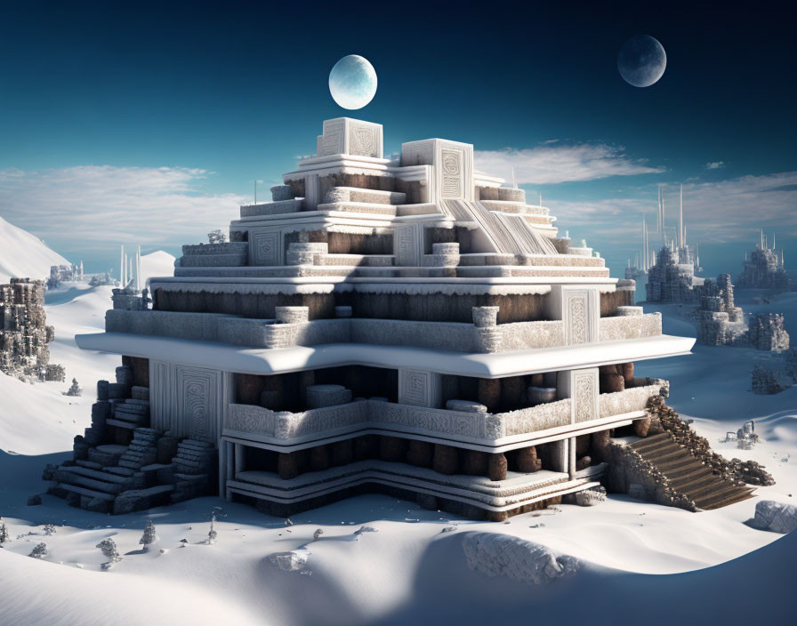 Futuristic pyramid in snowy landscape with two moons and city skylines