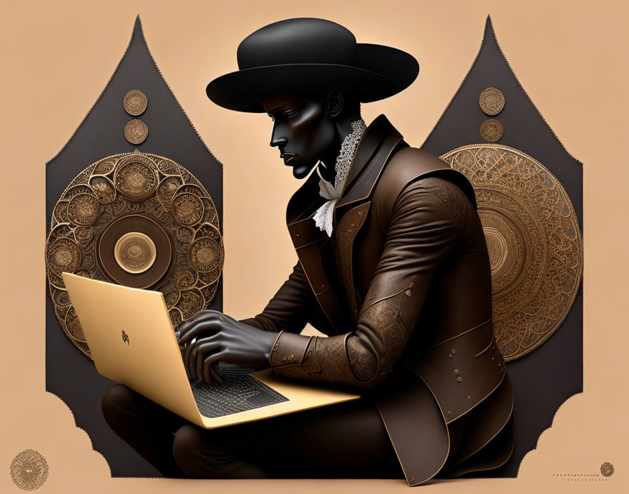 Digital artwork: Dark-skinned person in Victorian attire typing on gold laptop against ornate backdrop