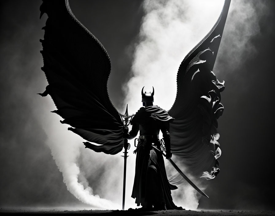 Silhouetted figure in cape and horned helmet with wings unfurled in misty,