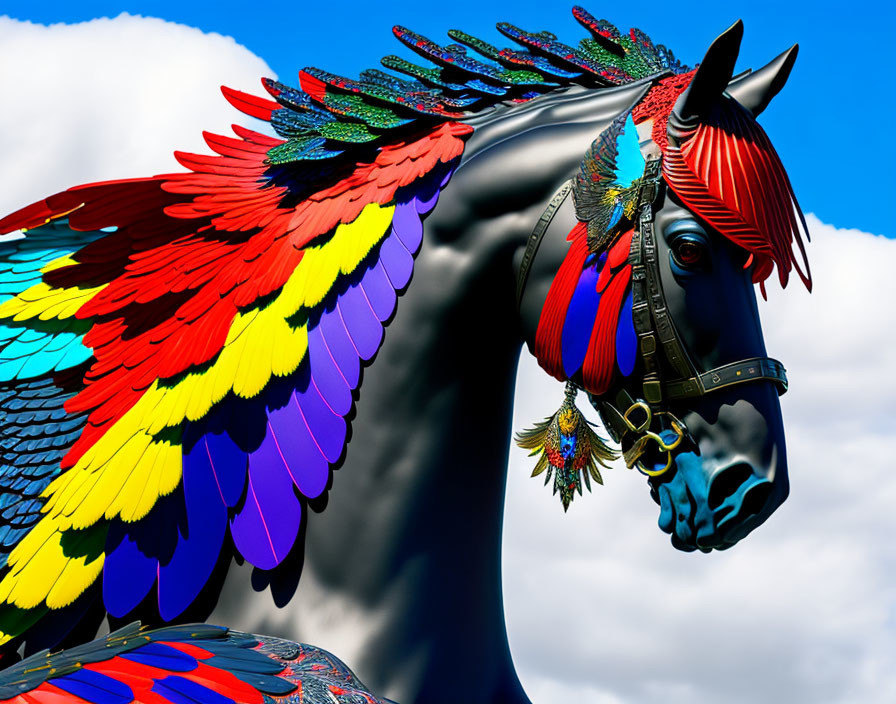 Multicolored winged horse sculpture against blue sky