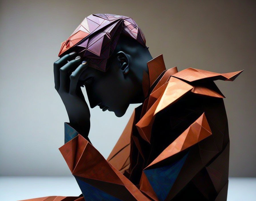 Geometric sculpture of a person with folded hands in purple and orange.