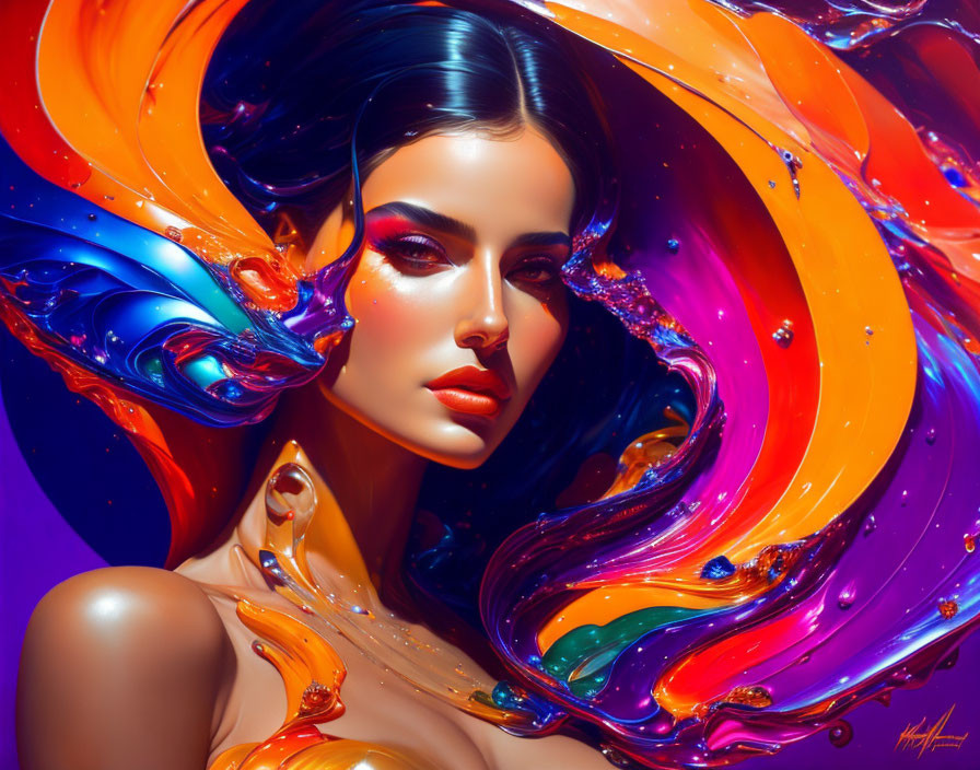 Colorful Digital Art: Woman with Glossy Skin in Liquid-Like Surroundings