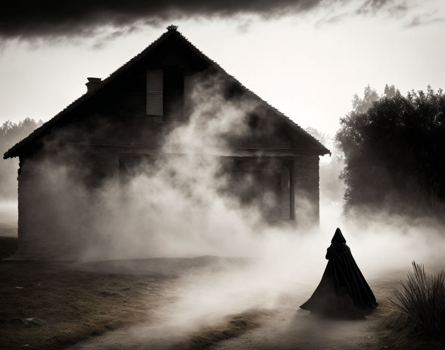 Cloaked Figure by Mist-Enshrouded House in Dusky Landscape