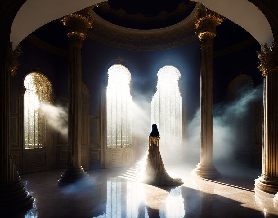 Cloaked figure in ornate hall with sunbeams