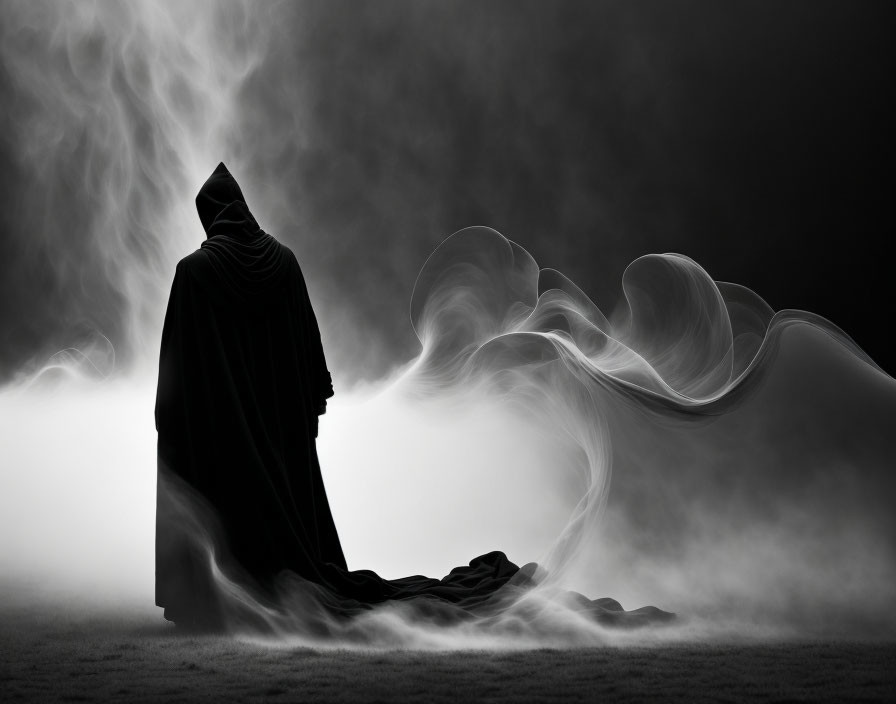 Mysterious Figure in Cloak Amid Swirling Mists