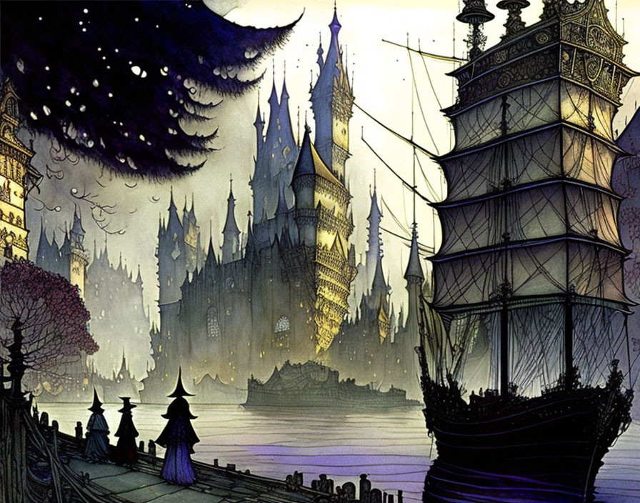 Majestic Gothic castle by misty lake with old galleon under starry sky