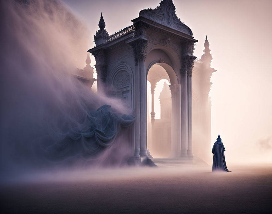 Cloaked Figure Near Ornate Arch in Misty Desert