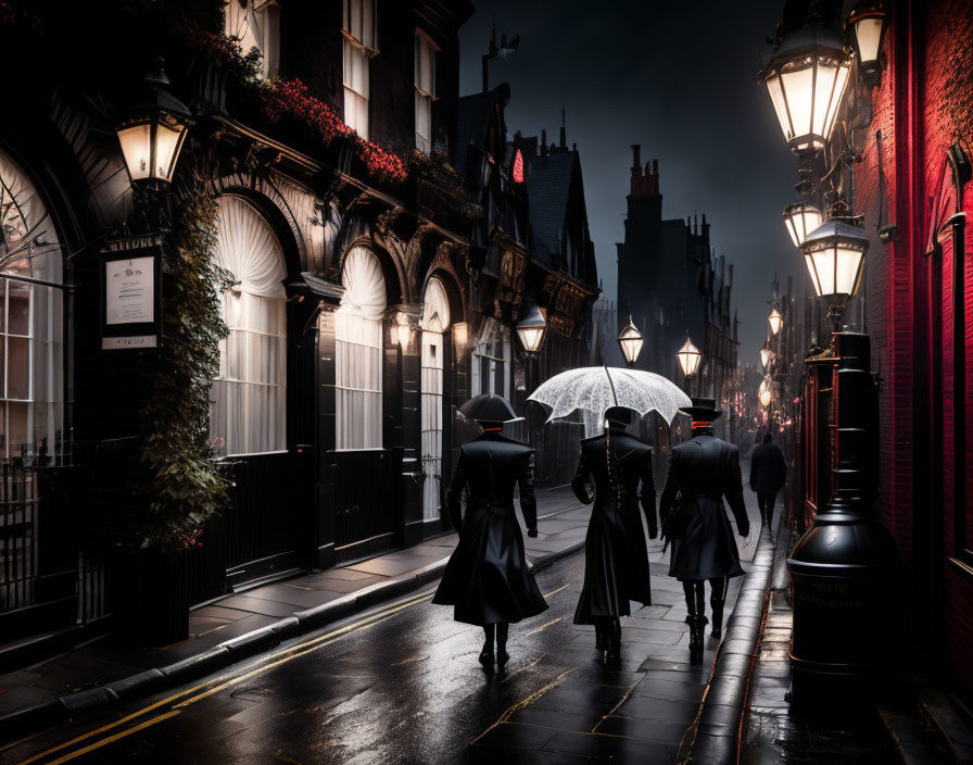 People with umbrellas walk on rainy, lamp-lit street at night