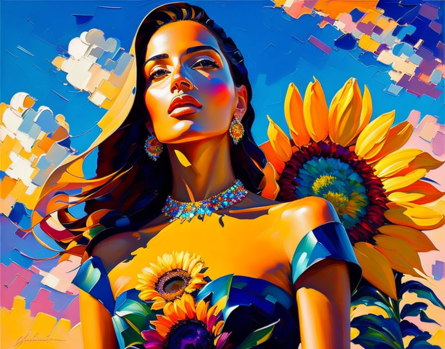 Colorful portrait of a woman with sunflowers and geometric background