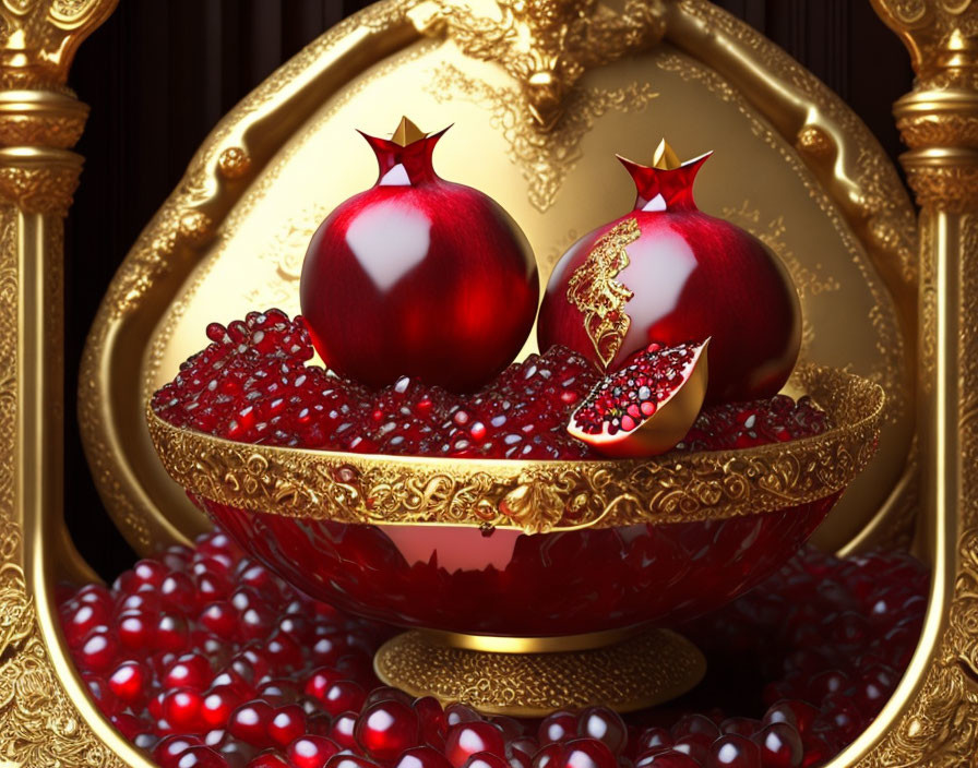 Luxurious golden bowl with pomegranates on dark background