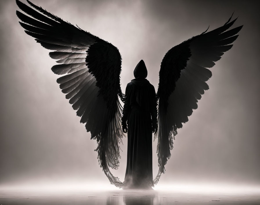 Silhouette of figure with large angel wings in misty backlighting