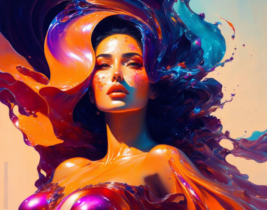 Vibrant digital artwork: Woman with flowing hair in liquid colors on orange backdrop