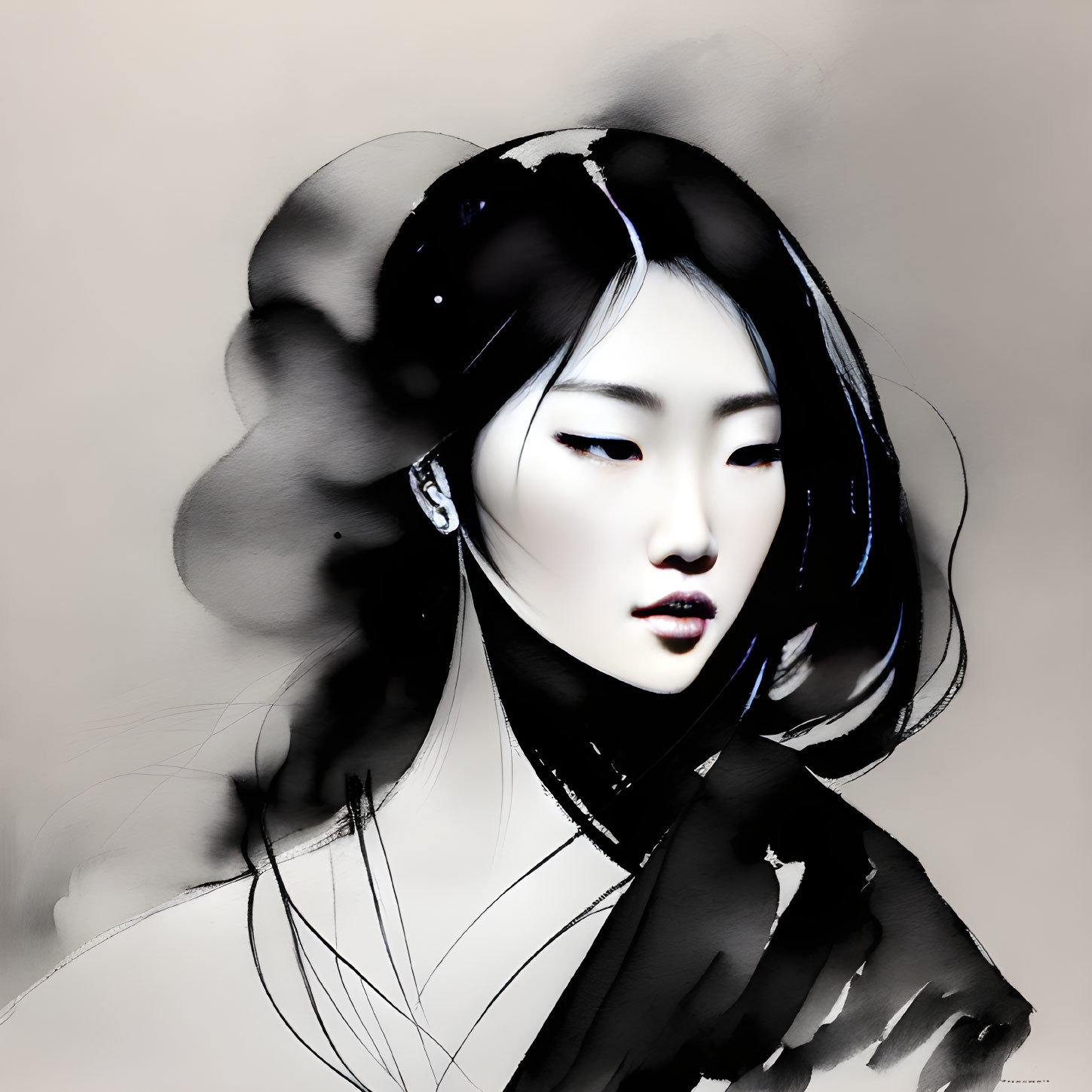 Monochrome illustration of an Asian woman with flowing hair and blue highlights