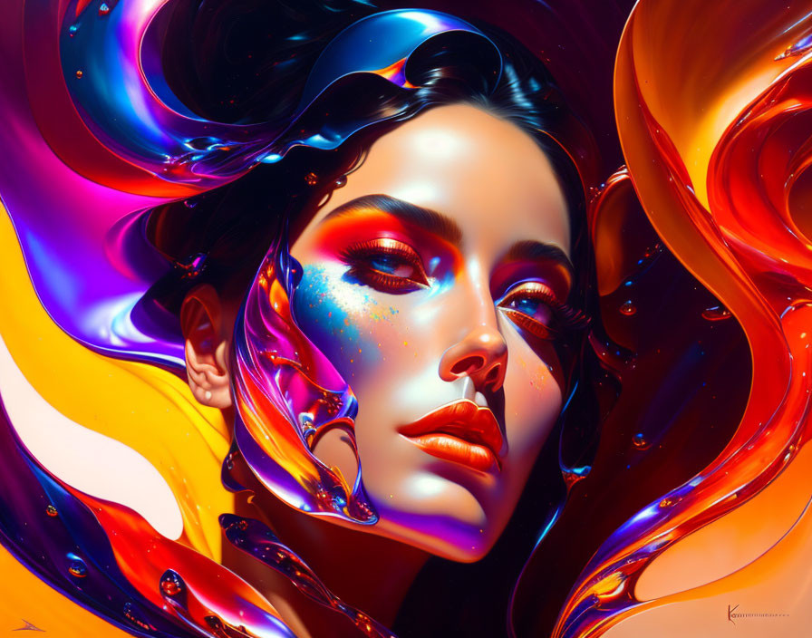 Colorful digital artwork: Woman's face in flowing liquid shapes