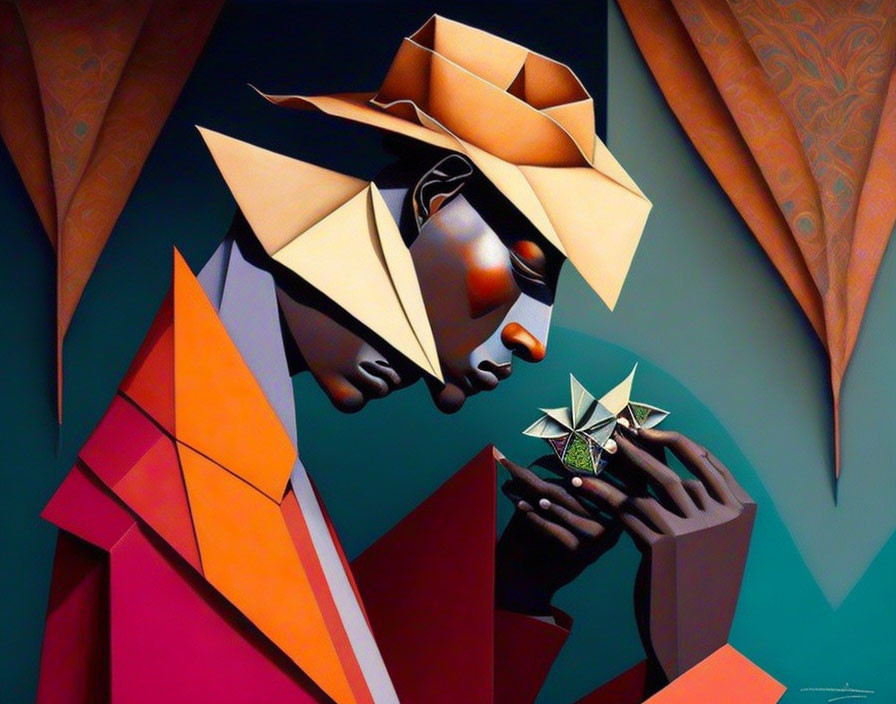 Cubist-style Artwork: Figure with Geometric Features and Angular Hat Contemplating Object