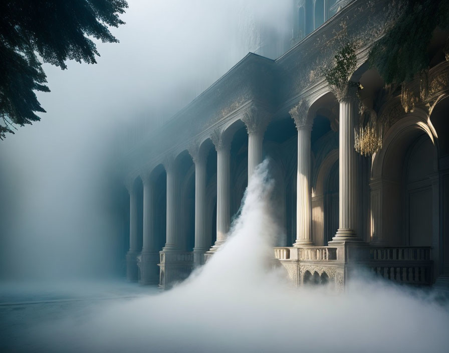 Misty colonnade with elegant arches and columns in foggy scene