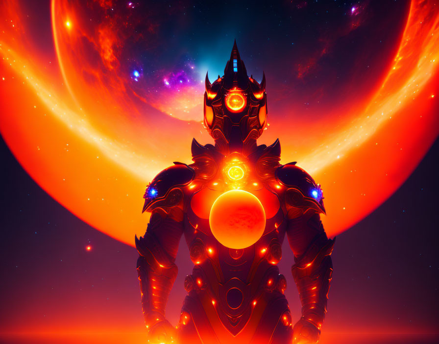 Armored figure in futuristic setting with red planet and cosmic nebula