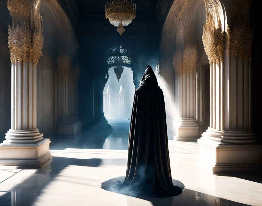 Mysterious cloaked figure in grand sunlit hall with pillars and mist-covered floor