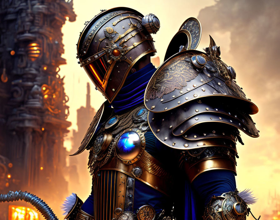 Armored knight with plumed helmet in fiery fantasy background