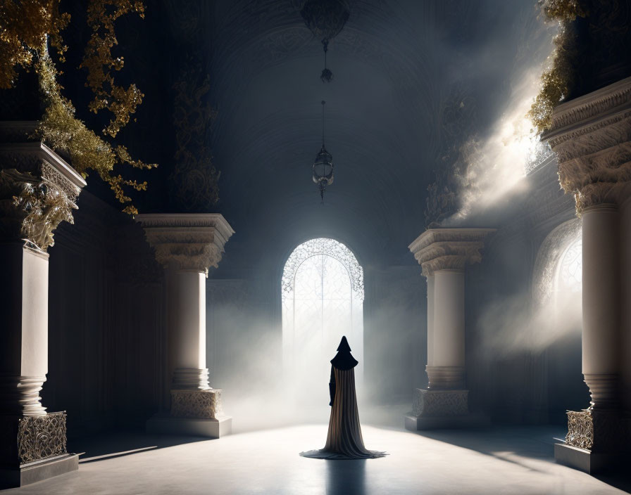 Solitary figure in cloak in grand hall with chandelier