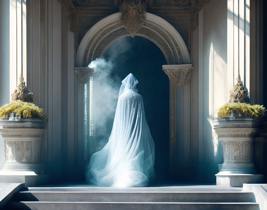 Veiled figure in ornate hall with decorative urns and ethereal light