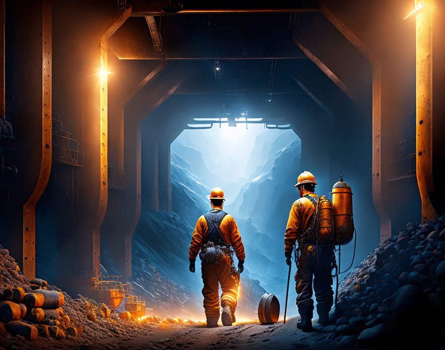 Miners with helmets and headlamps in sunlit tunnel carrying equipment