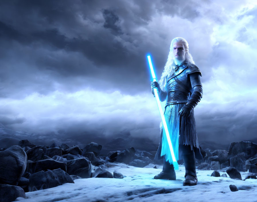 White-haired character in armor wields blue lightsaber under stormy sky