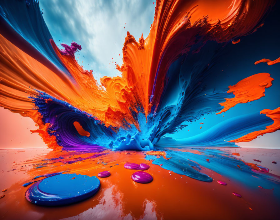 Dynamic Blue and Orange Paint Splashes on Gradient Sky