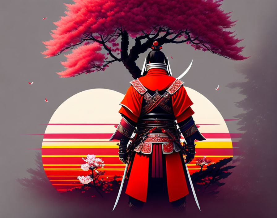 Traditional Samurai in Red Armor under Cherry Blossom Tree at Sunset