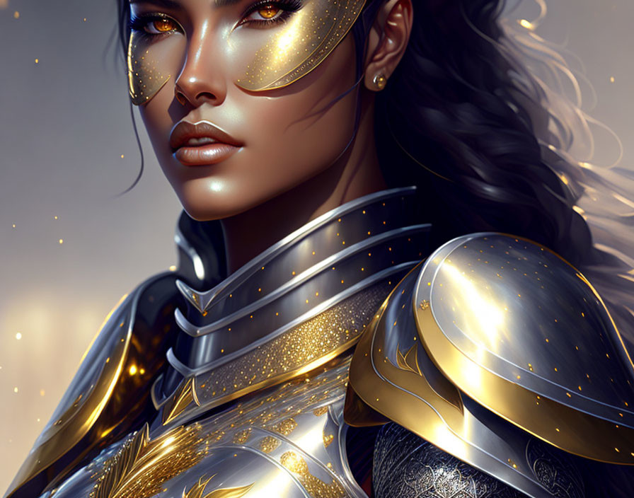 Golden-armored woman with intricate gold leaf designs, gazing fiercely in starry scene