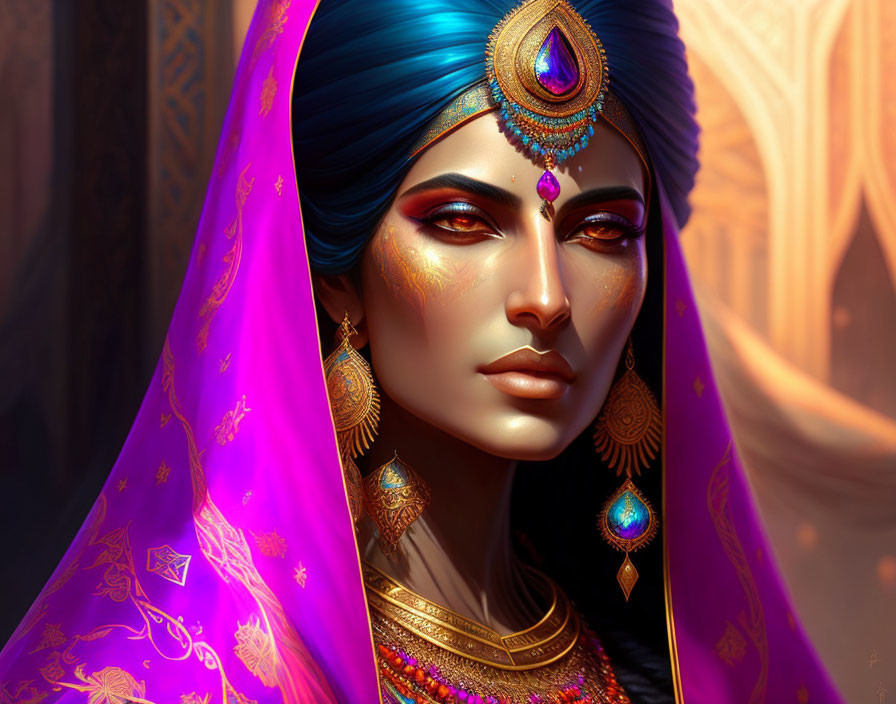 Detailed illustration of a woman in jewel-encrusted headpiece and purple veil