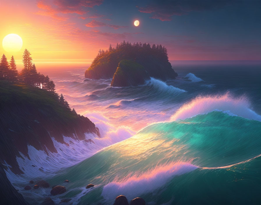 Vibrant coastal sunset with waves crashing against cliffs