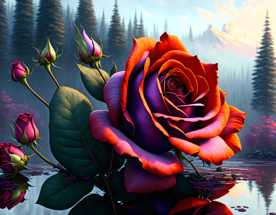 Vibrant orange and red rose in nature setting at twilight