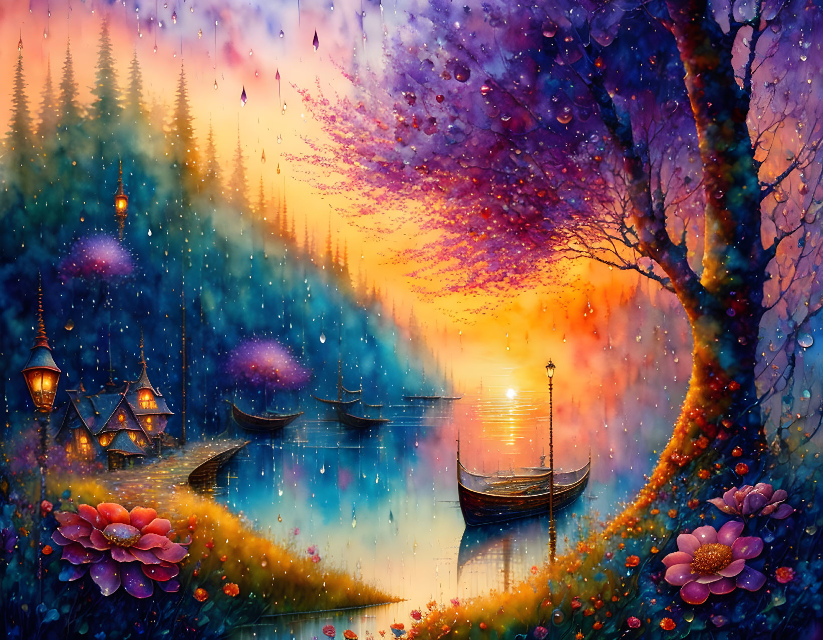 Vibrant digital painting of magical twilight scene with boats, luminous pathway, flowers, and colorful