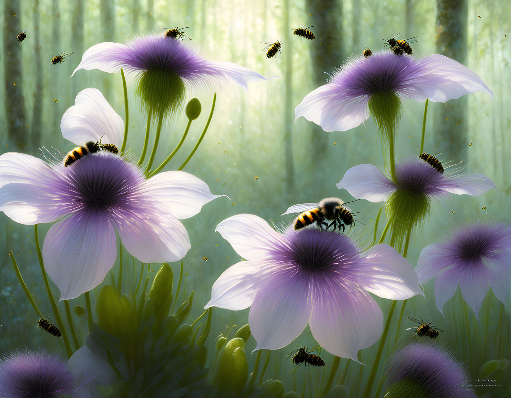 Enchanting forest glade with white-purple flowers and buzzing bumblebees