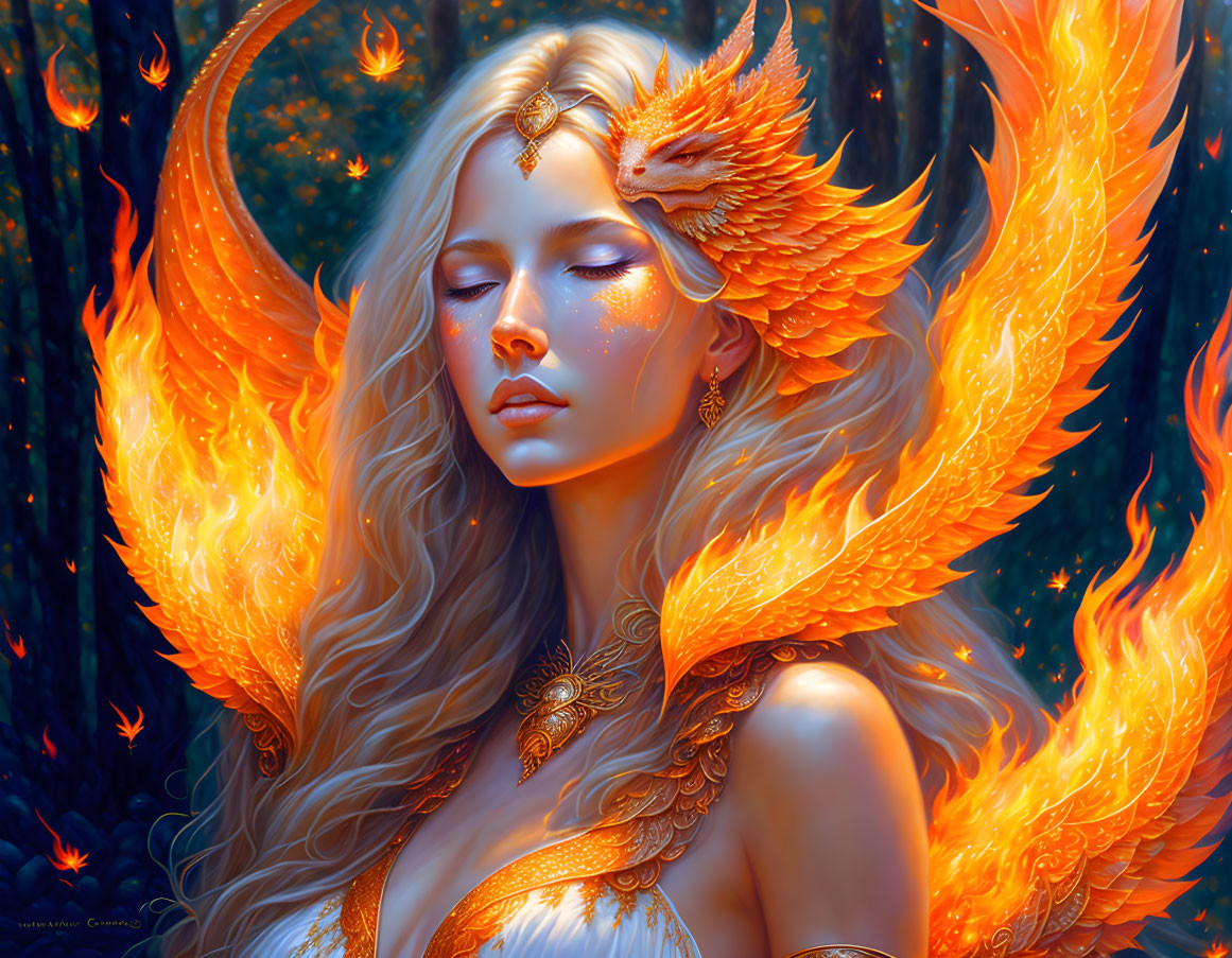 Fantasy Woman with Fiery Phoenix Motifs in Orange and Gold Costume