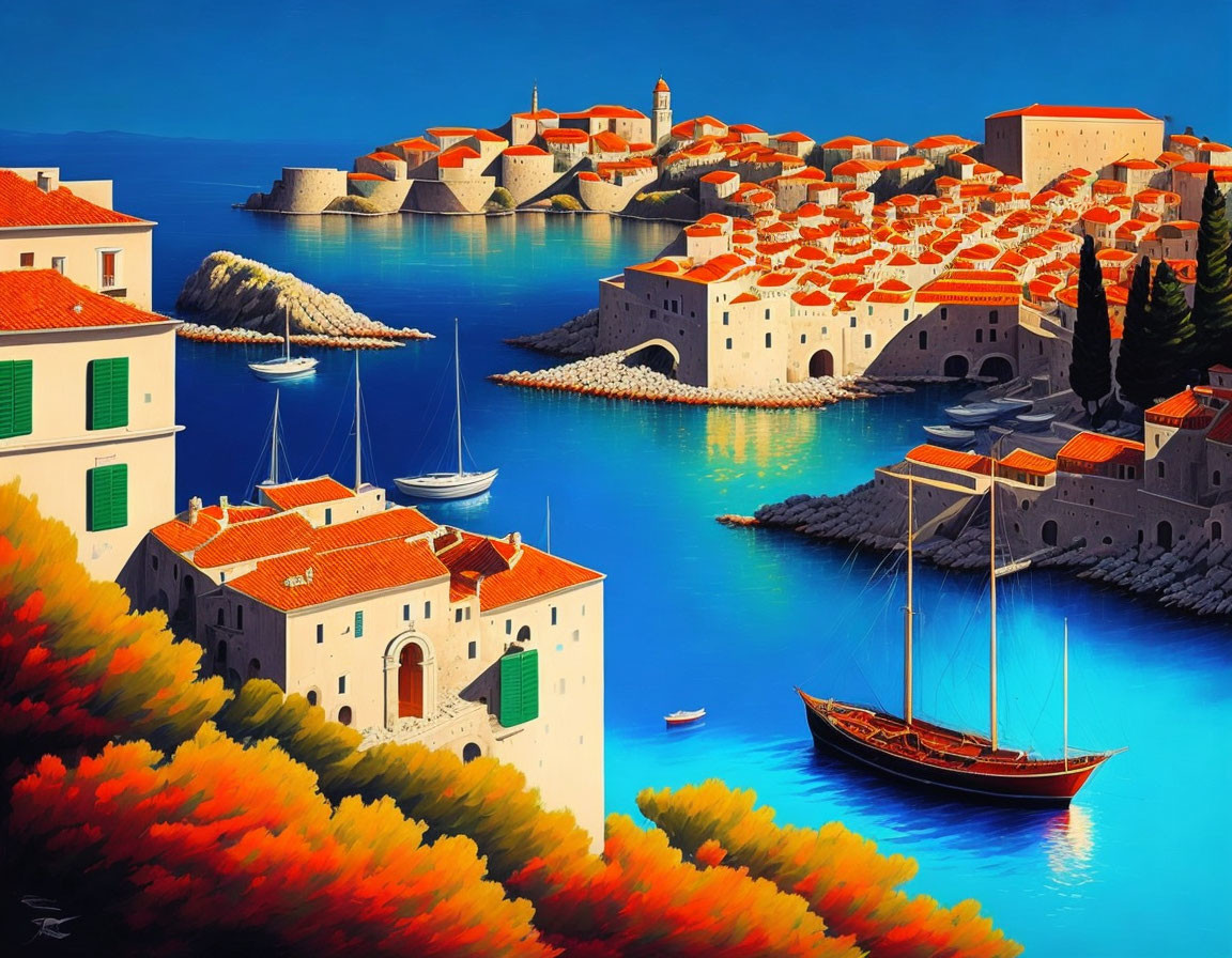 Coastal Village Painting with Terracotta Rooftops and Blue Waters