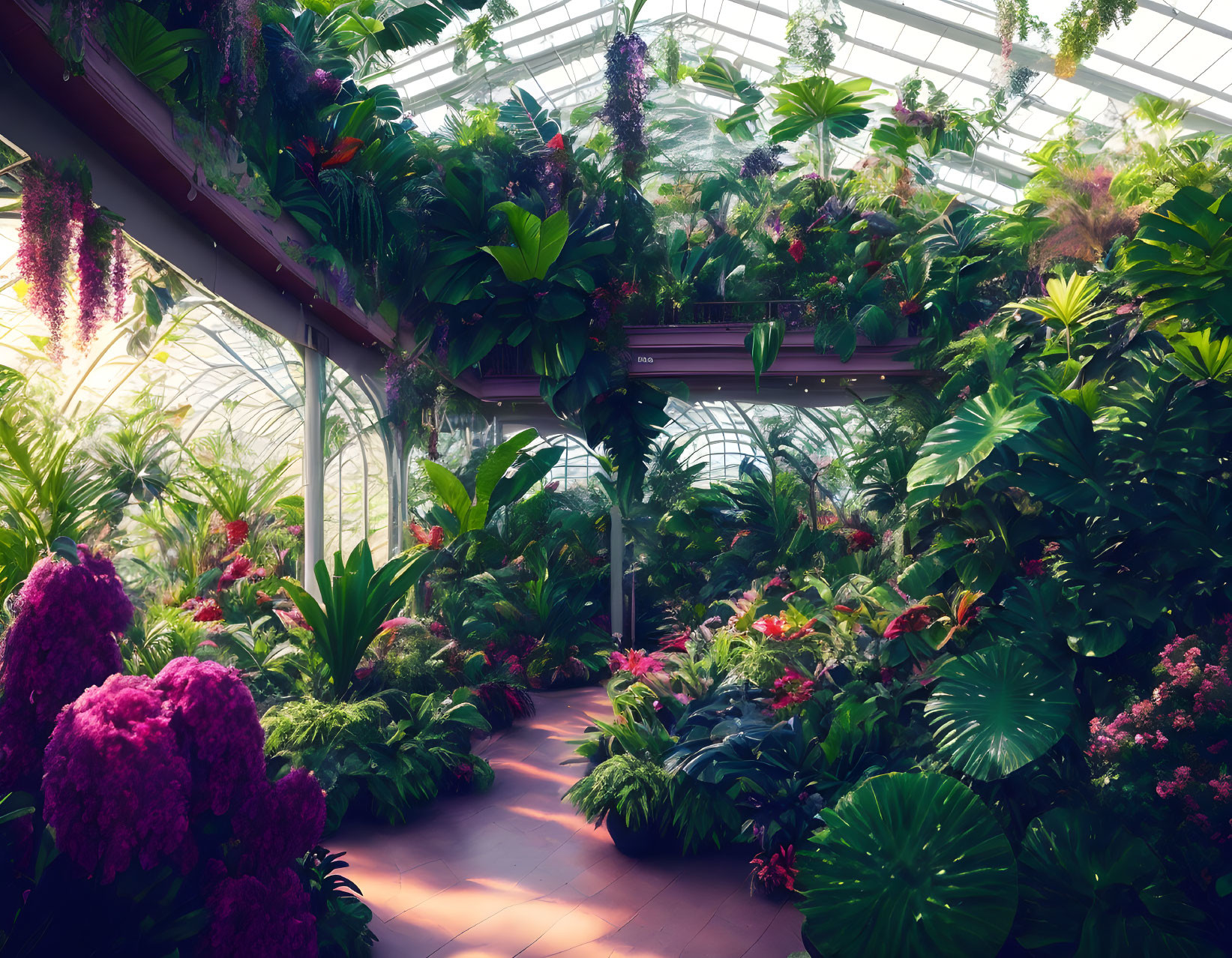 Diverse indoor garden with plants and flowers under glass ceiling