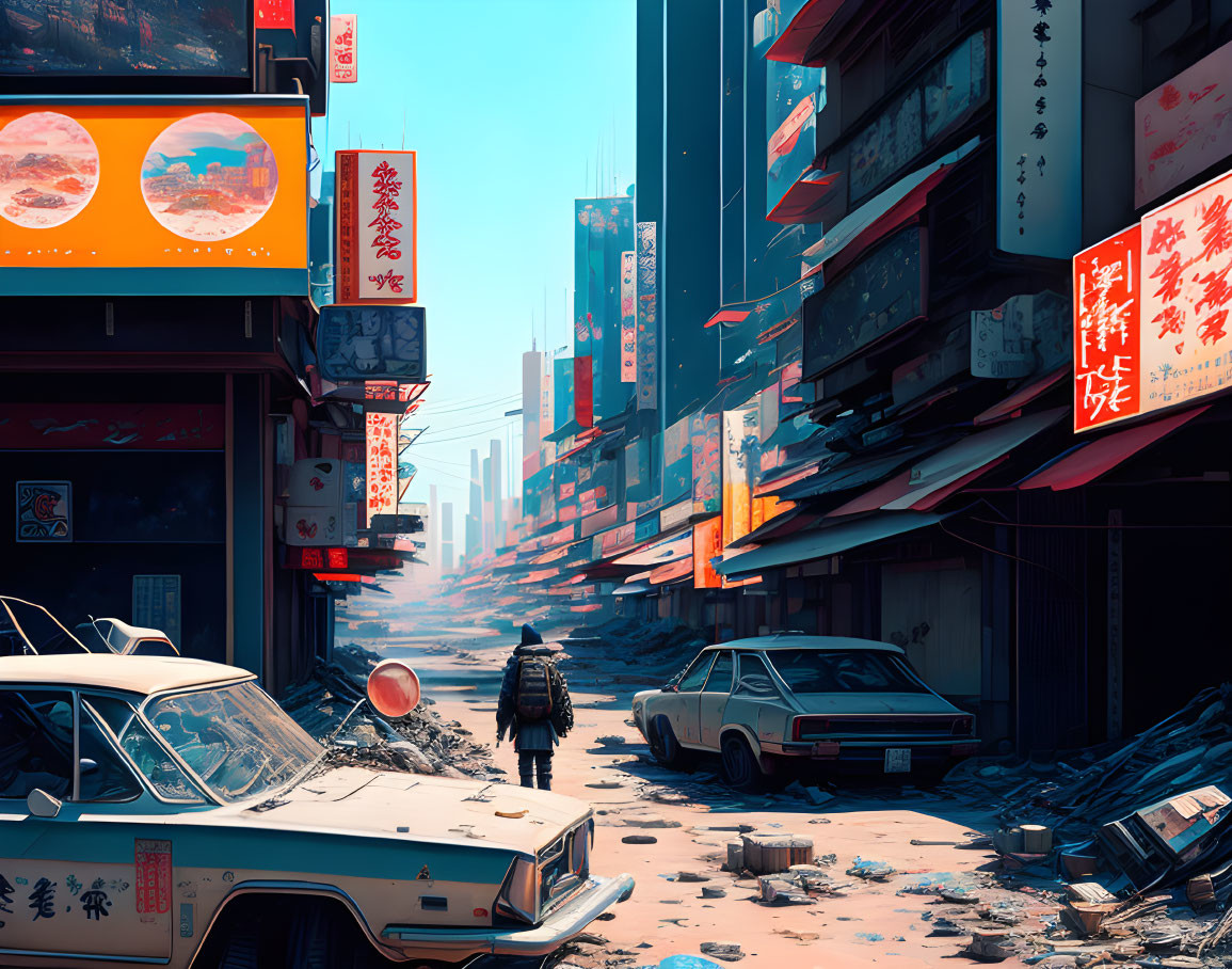 Solitary figure in futuristic cityscape with Japanese signage