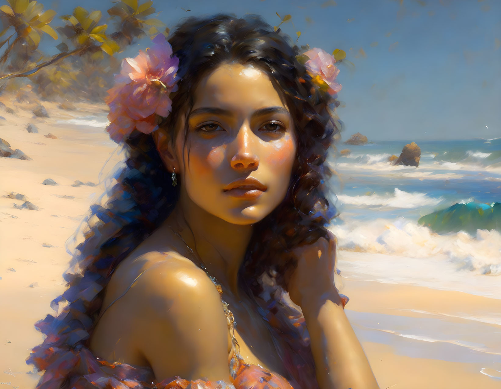 Woman with Flowers in Hair Contemplating at Beach