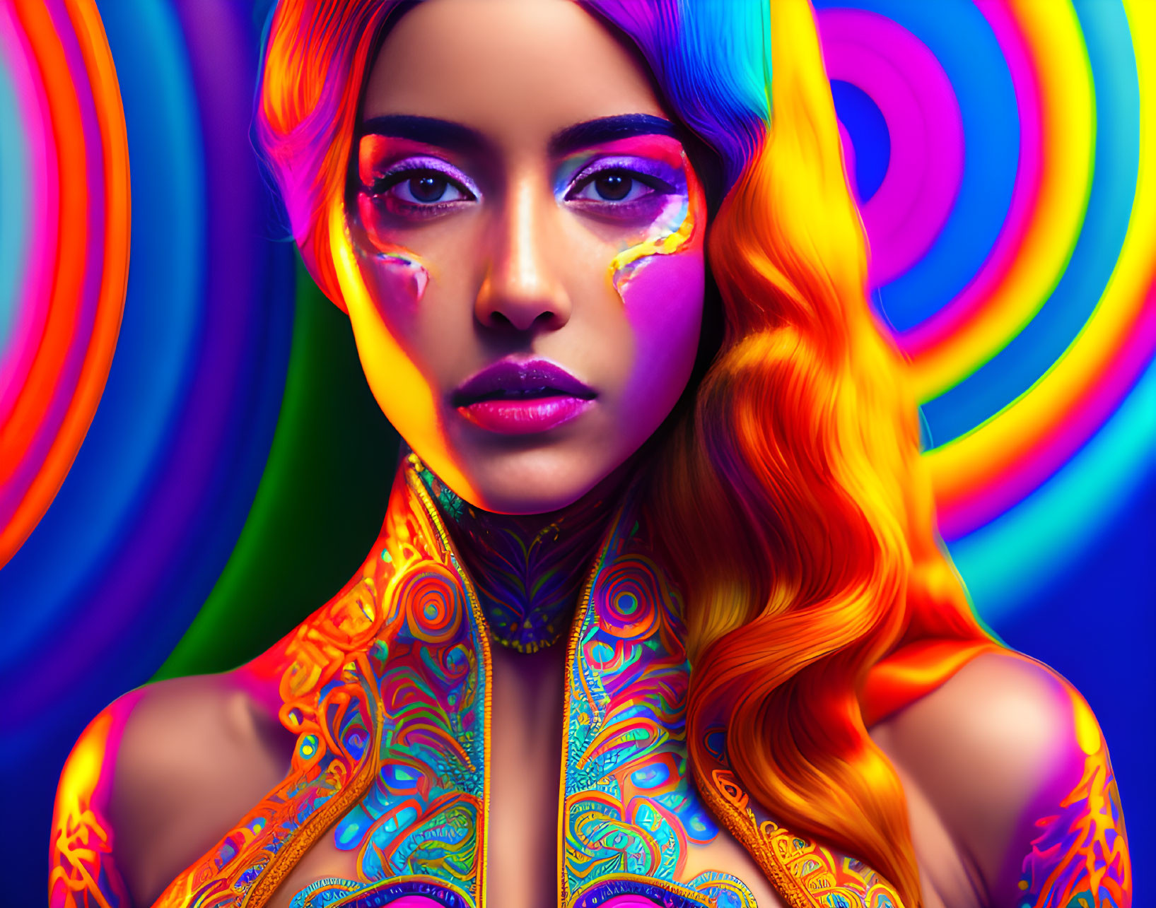 Colorful Hair and Makeup on Woman in Psychedelic Background