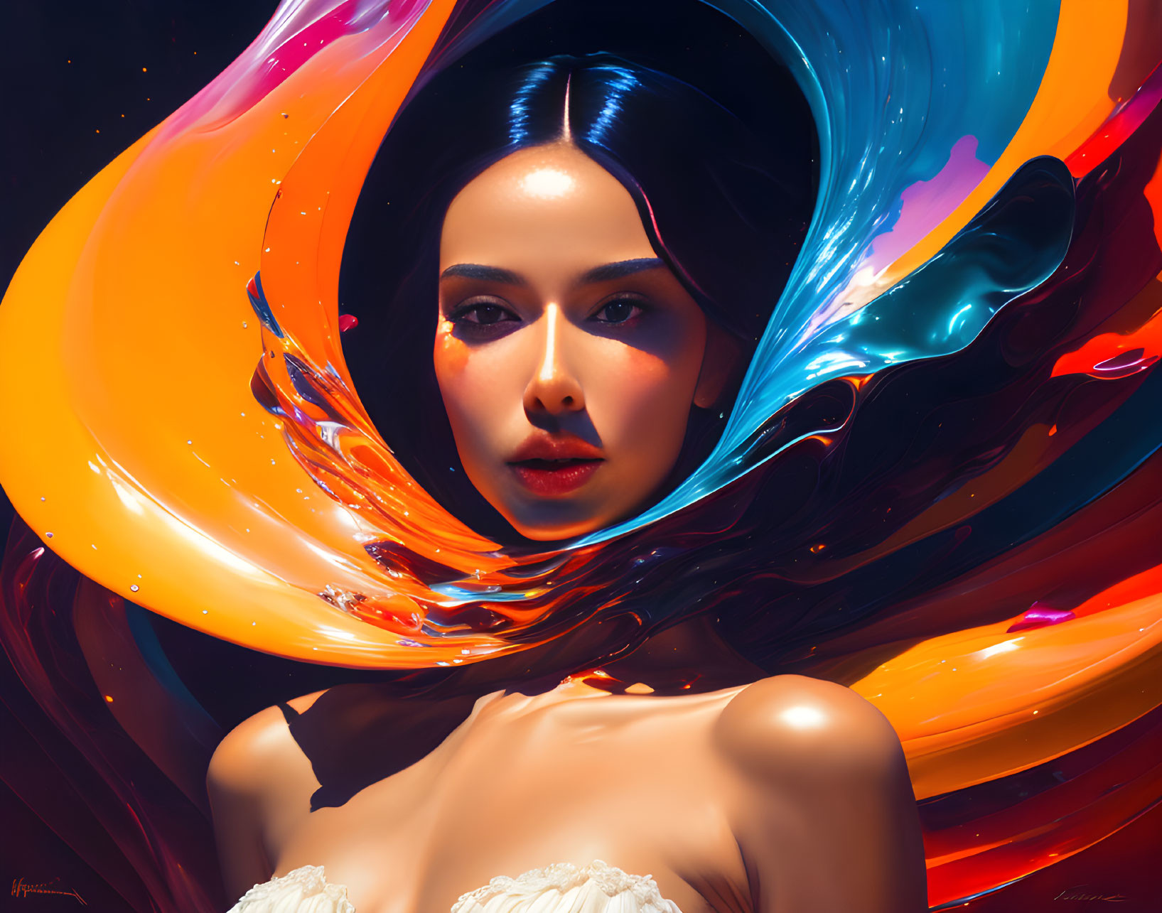 Colorful digital artwork: Woman's face in swirling shapes