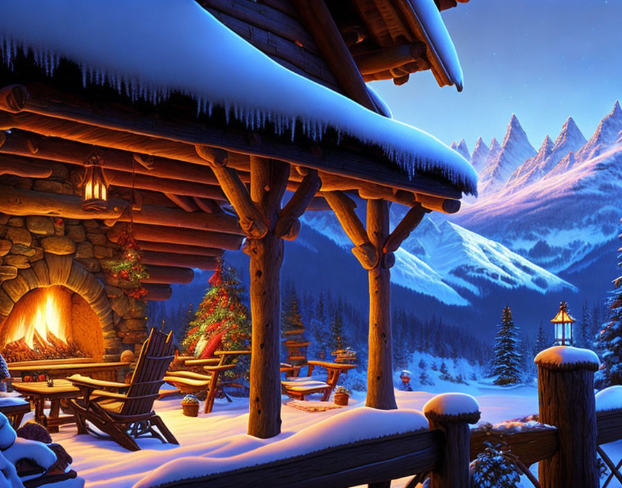 Snow-covered winter cabin at night with festive decorations and mountain backdrop