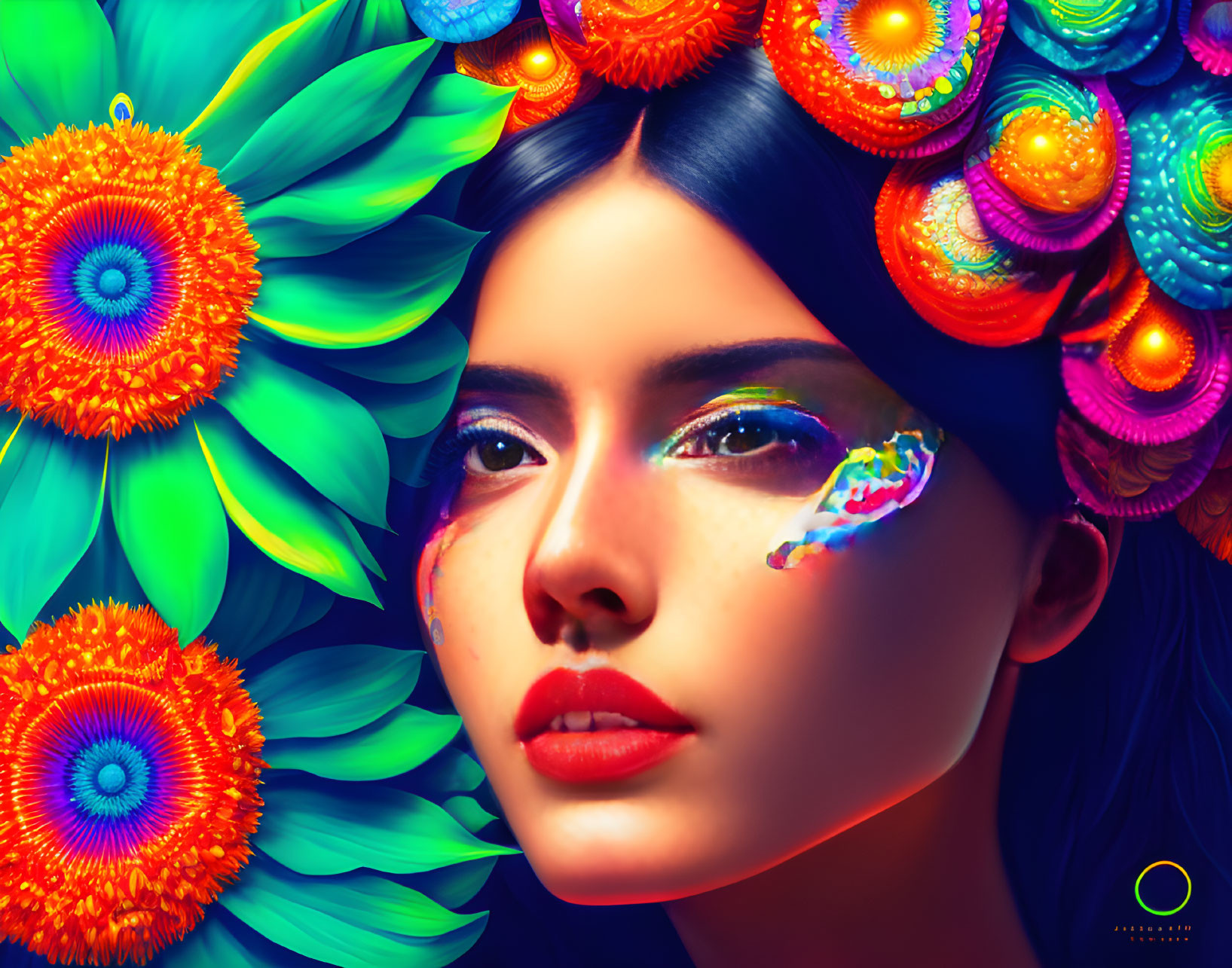 Colorful Makeup Woman Surrounded by Blue and Orange Flowers